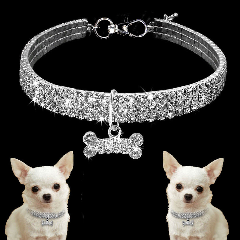 3 Row Rhinestone Elastic Pet Necklace Dog Chain Cat Crystal Collar Pet Supplies Small Dog Jewelry Tag