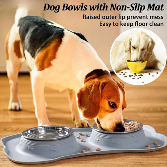 ステンレス製ペット給餌ボウル™|シリコン製こぼれ防止 犬猫用ダブルボウル