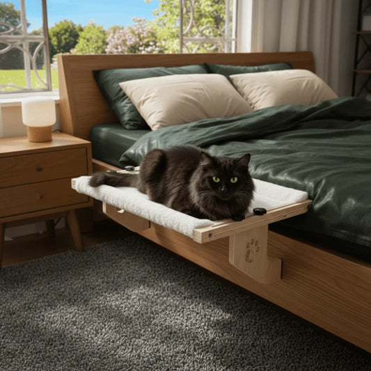 キャットハンギングベッド™|天然木製フレーム 窓辺取付け式 猫用スペース節約ベッド