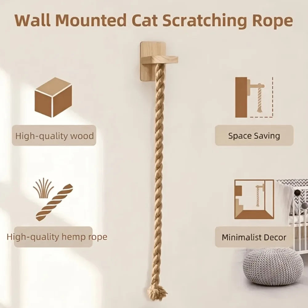 Wall Mounted Cat Scratching Post Natural Sisal Hemp Rope Vertical Cat Climbing Rope Space Saving Indoor Cat Toy Wooden Platform
