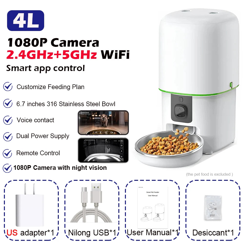 カメラ付き自動給餌器™|1080P WiFi 4L大容量 アプリ操作 犬猫用スマートフィーダー