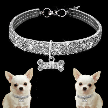 3 Row Rhinestone Elastic Pet Necklace Dog Chain Cat Crystal Collar Pet Supplies Small Dog Jewelry Tag