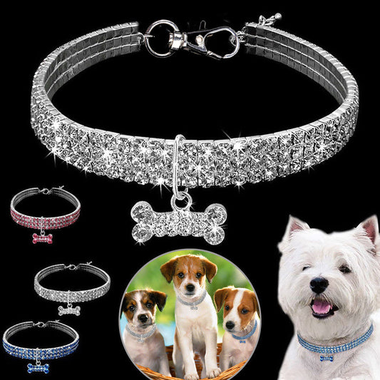 3 Row Rhinestone Elastic Pet Necklace Dog Chain Cat Crystal Collar Pet Supplies Small Dog Jewelry Tag