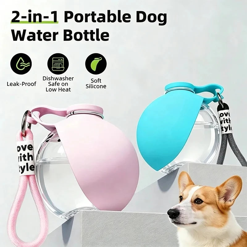 Food Grade Silicone 2 in 1 Portable Dog Water Bottle Foldable Bowl Leak Proof Lanyard Hook Compact Travel Pet Feeding Set