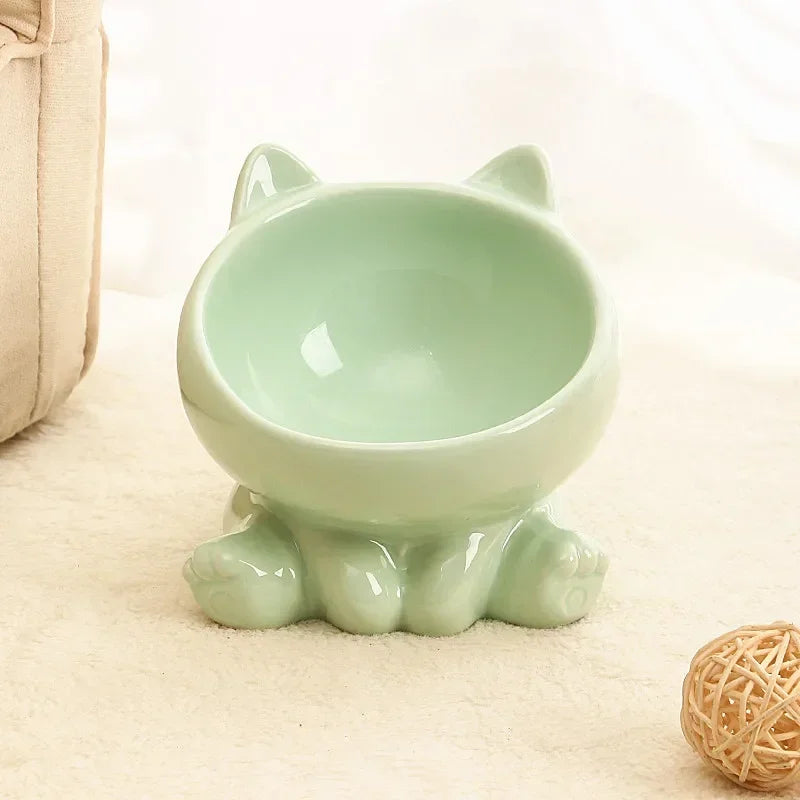 ねこ耳デザイン傾斜ペットボウル™｜首にやさしい高さ付き 陶器製 猫・小型犬用フードボウル