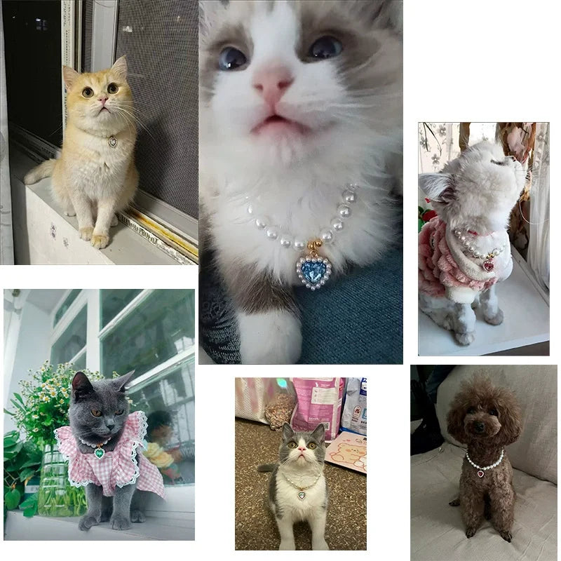 きらめきパールペットネックレス™｜ラインストーンハート付き 猫・小型犬用 おしゃれアクセサリー首飾り