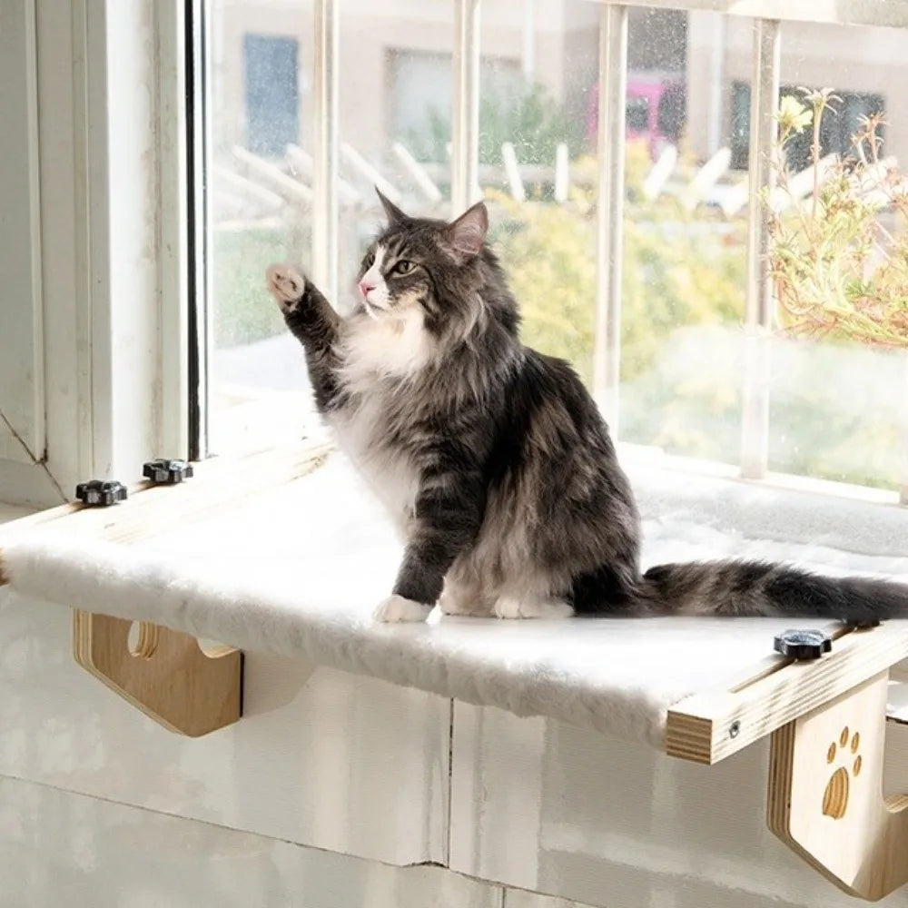 キャットハンギングベッド™｜天然木製フレーム 窓辺取付け式 猫用スペース節約ベッド