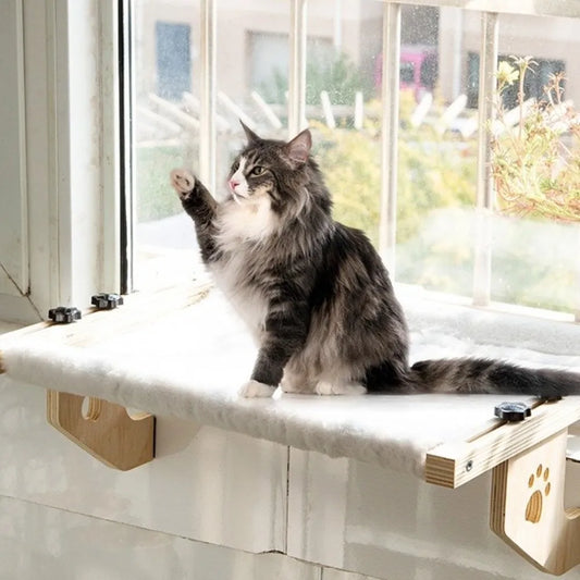 キャットハンギングベッド™｜天然木製フレーム 窓辺取付け式 猫用スペース節約ベッド