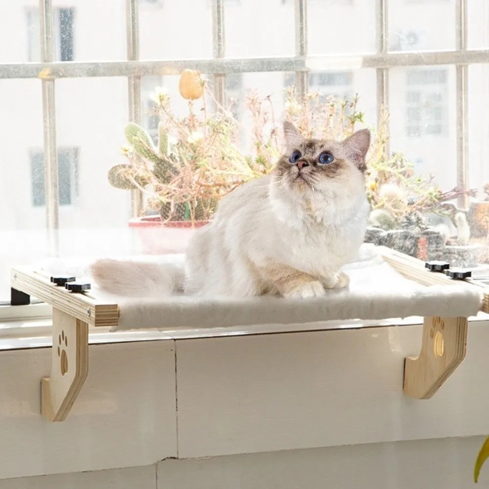 キャットハンギングベッド™｜天然木製フレーム 窓辺取付け式 猫用スペース節約ベッド