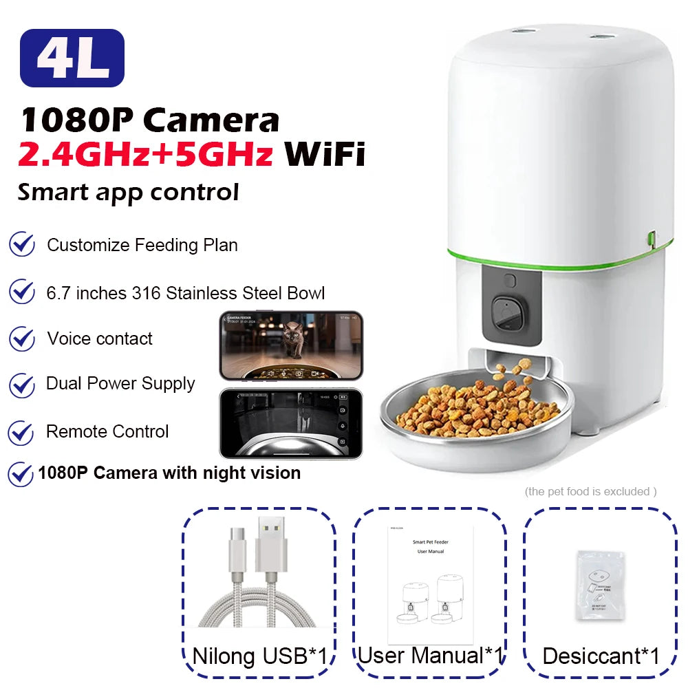 カメラ付き自動給餌器™｜1080P WiFi 4L大容量 アプリ操作 犬猫用スマートフィーダー