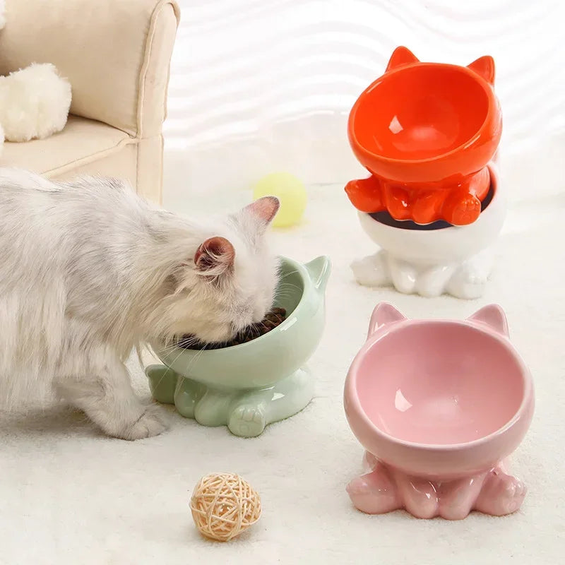 ねこ耳デザイン傾斜ペットボウル™｜首にやさしい高さ付き 陶器製 猫・小型犬用フードボウル