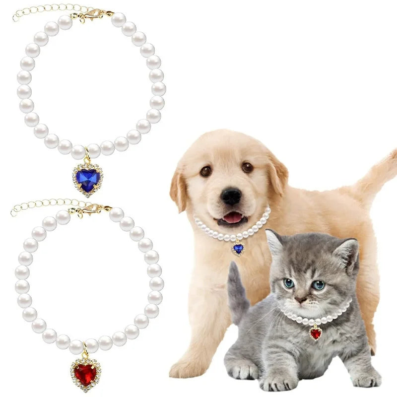 きらめきパールペットネックレス™｜ラインストーンハート付き 猫・小型犬用 おしゃれアクセサリー首飾り