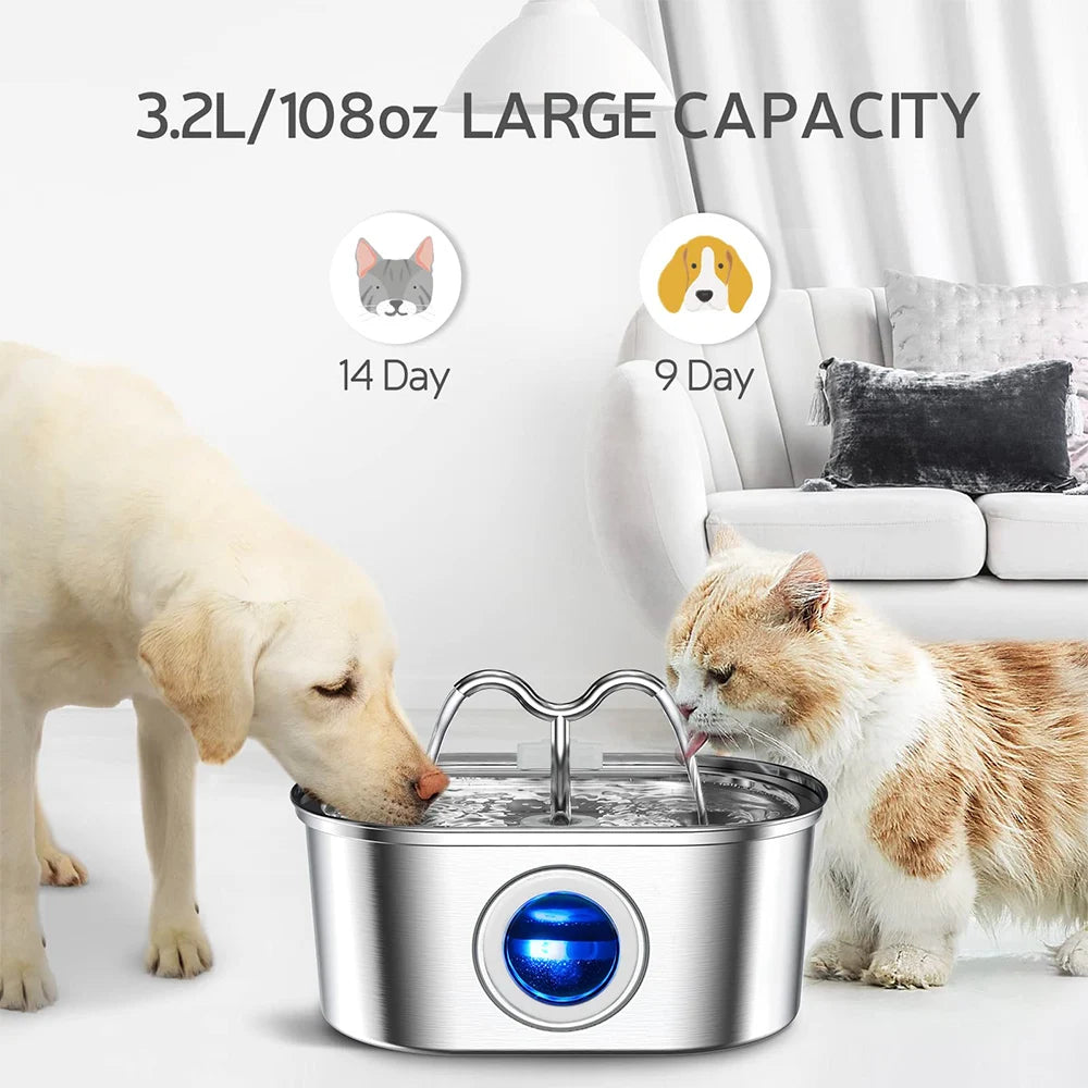 ステンレス製自動給水器™｜3.2L大容量 LEDライト 静音ポンプ ろ過フィルター 犬猫用