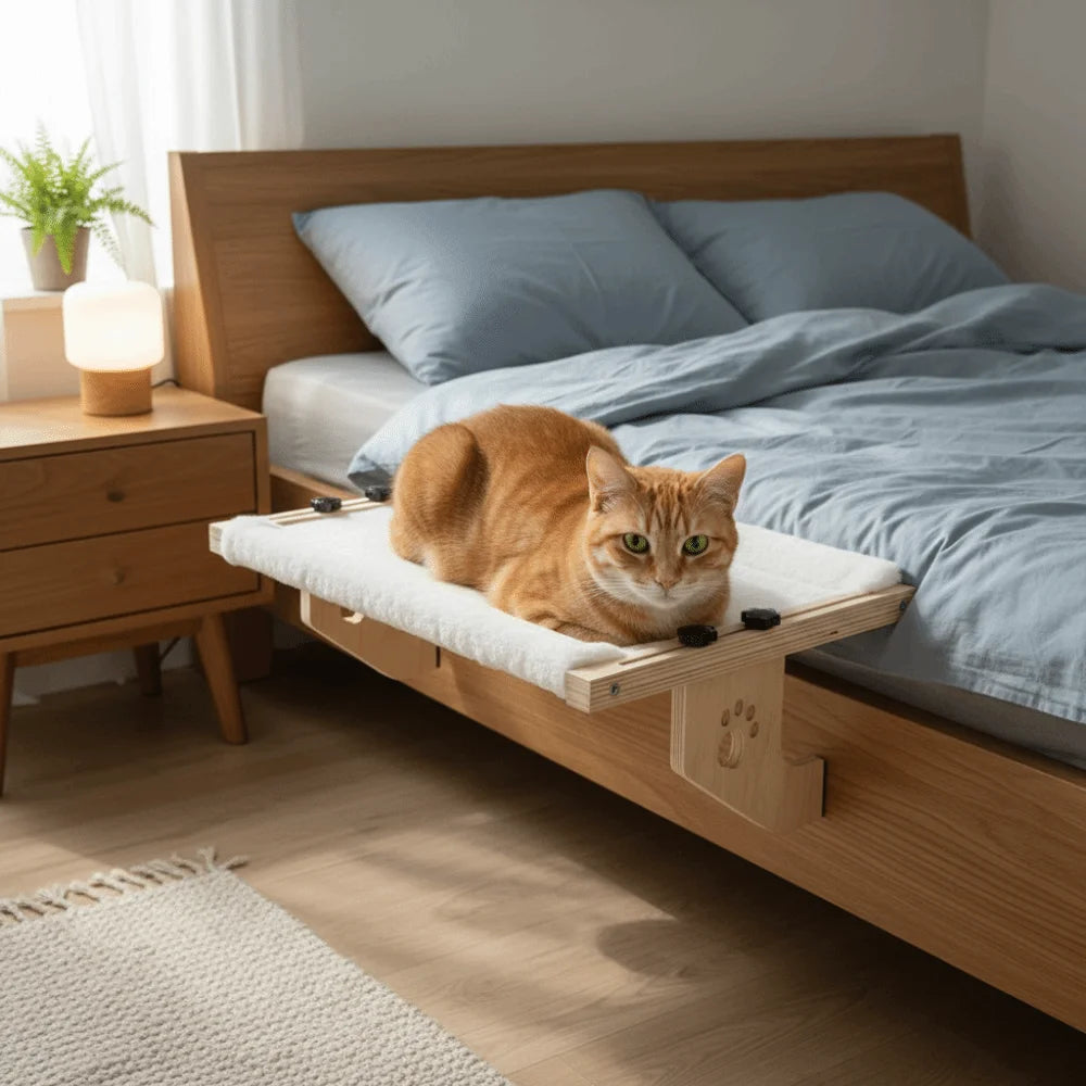 キャットハンギングベッド™｜天然木製フレーム 窓辺取付け式 猫用スペース節約ベッド