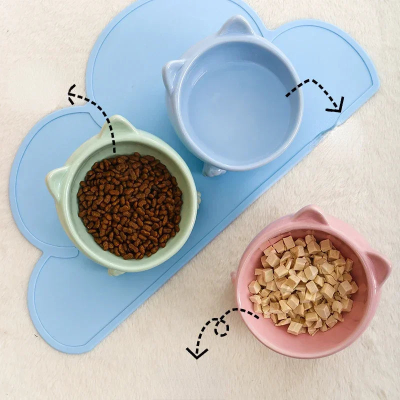 ねこ耳デザイン傾斜ペットボウル™｜首にやさしい高さ付き 陶器製 猫・小型犬用フードボウル