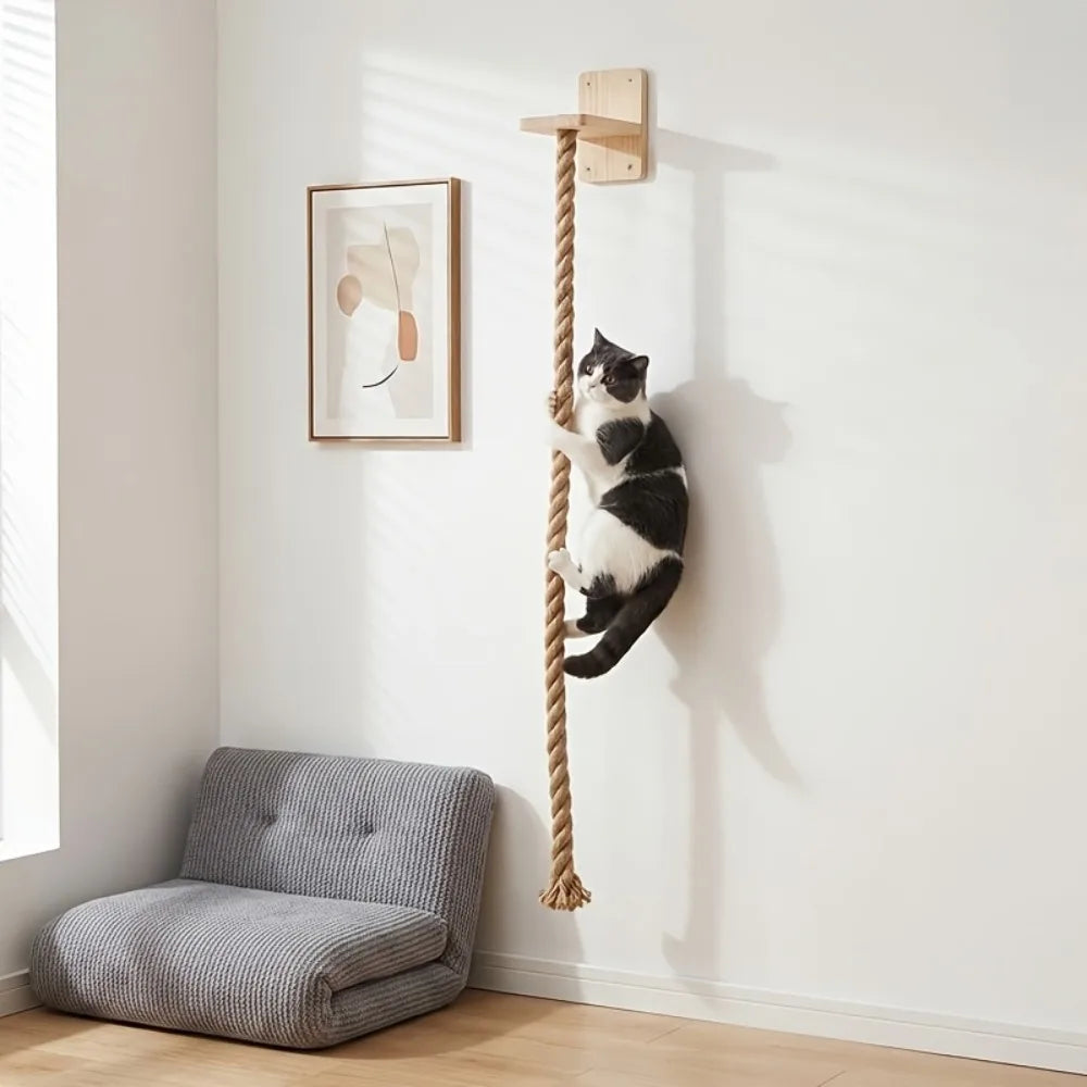 Wall Mounted Cat Scratching Post Natural Sisal Hemp Rope Vertical Cat Climbing Rope Space Saving Indoor Cat Toy Wooden Platform