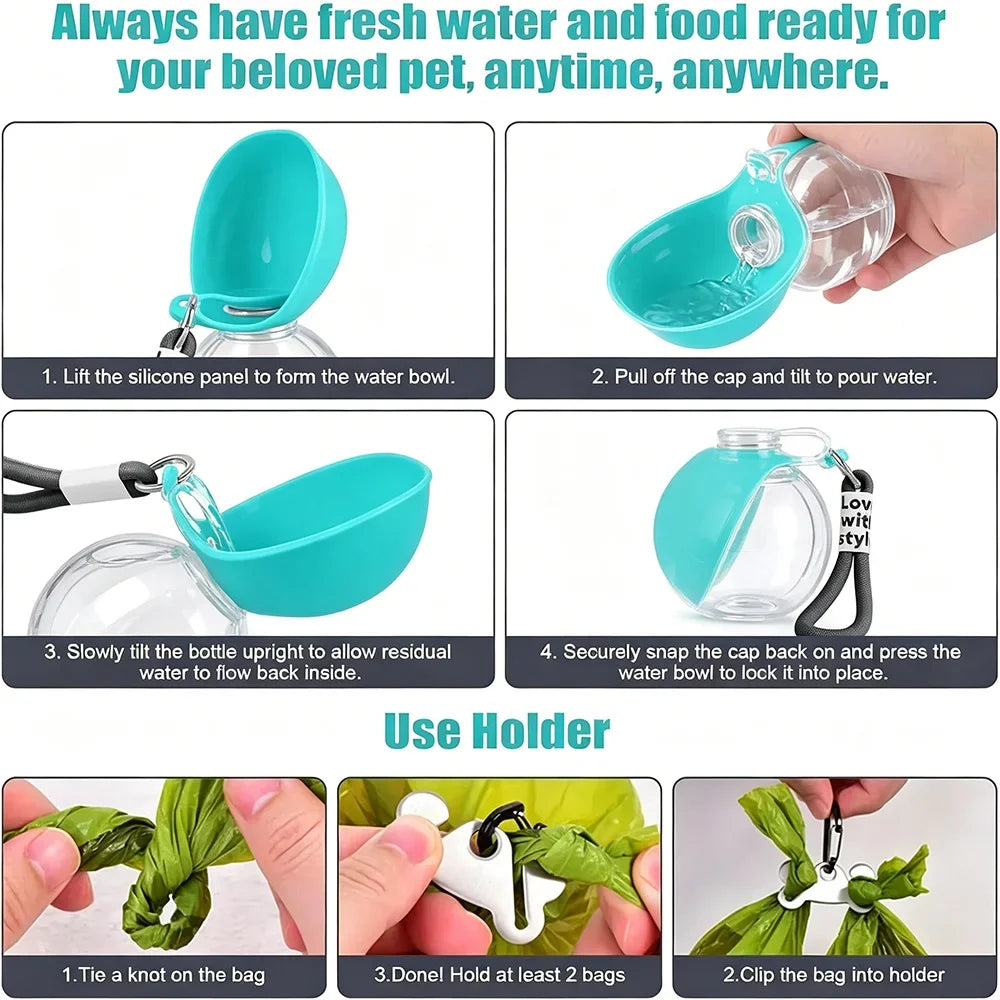 Food Grade Silicone 2 in 1 Portable Dog Water Bottle Foldable Bowl Leak Proof Lanyard Hook Compact Travel Pet Feeding Set