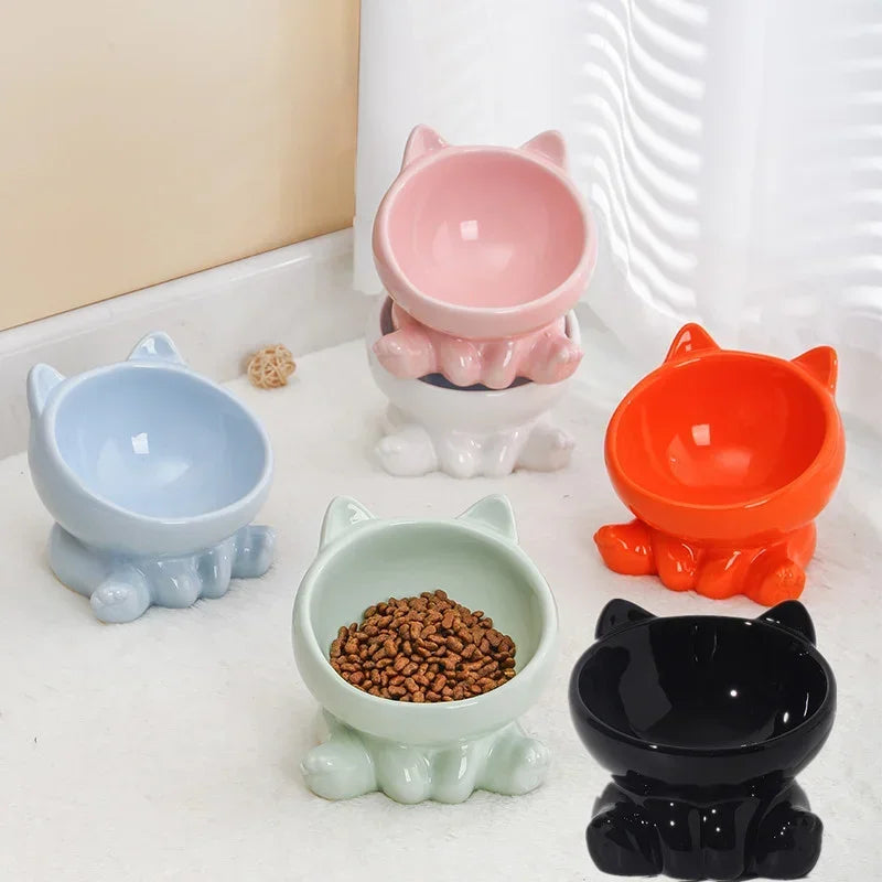 ねこ耳デザイン傾斜ペットボウル™｜首にやさしい高さ付き 陶器製 猫・小型犬用フードボウル