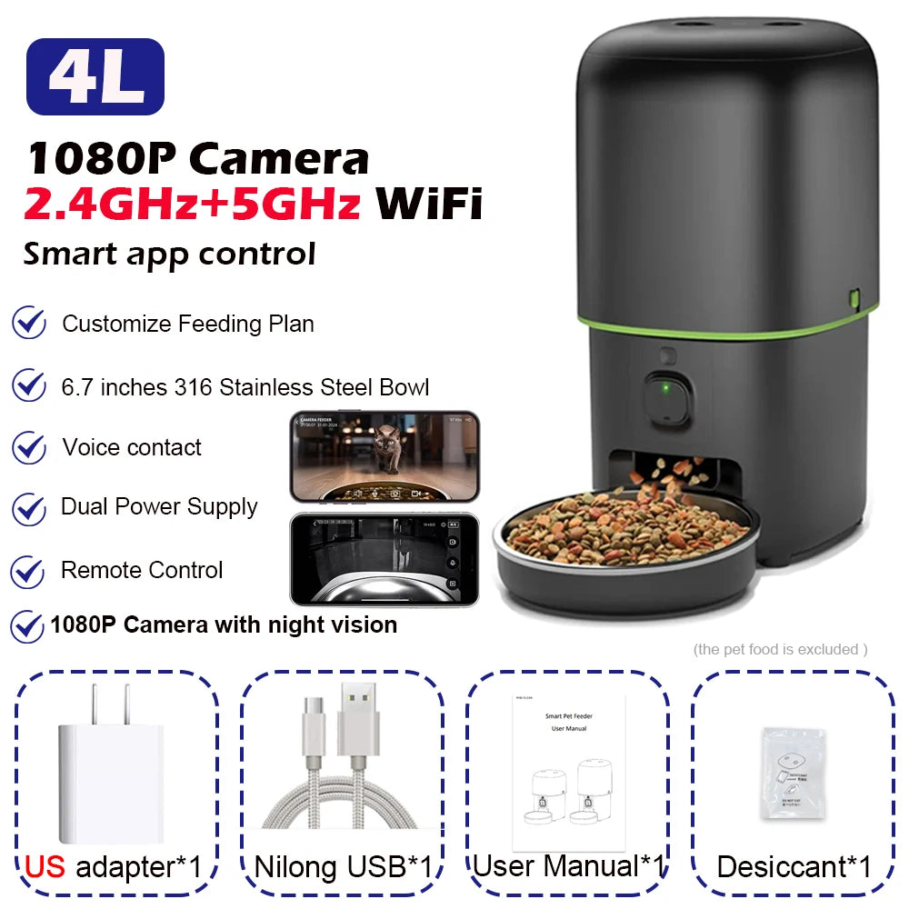 カメラ付き自動給餌器™｜1080P WiFi 4L大容量 アプリ操作 犬猫用スマートフィーダー