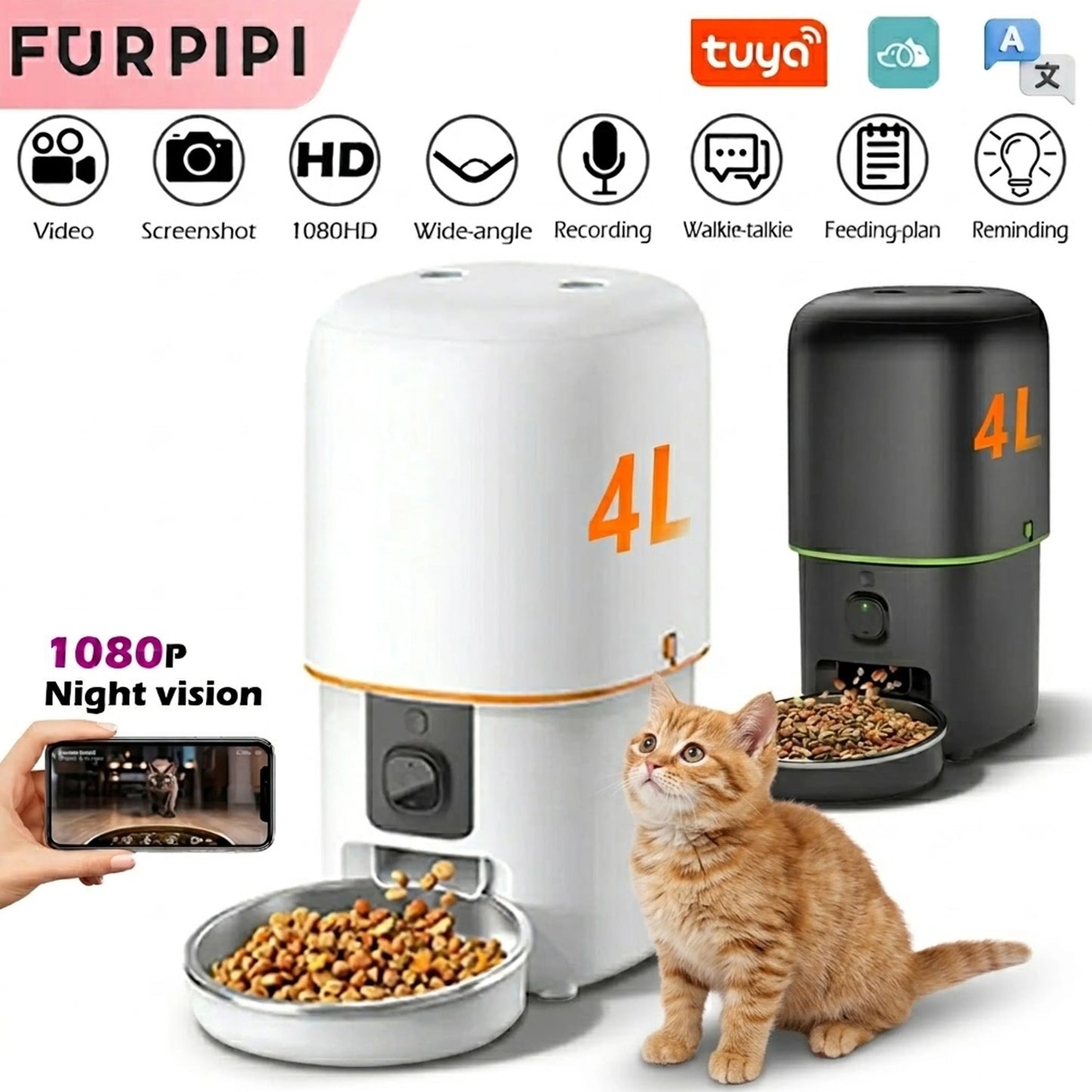 カメラ付き自動給餌器™｜1080P WiFi 4L大容量 アプリ操作 犬猫用スマートフィーダー