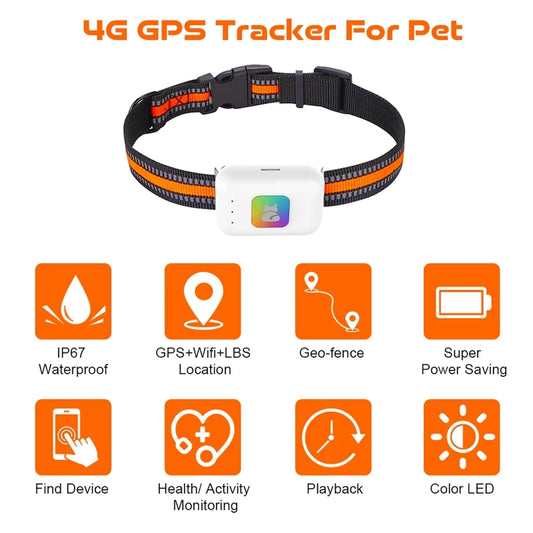 GPSペットトラッカー™｜4G LEDライト IP67防水 歩数・カロリー計測 犬猫用首輪