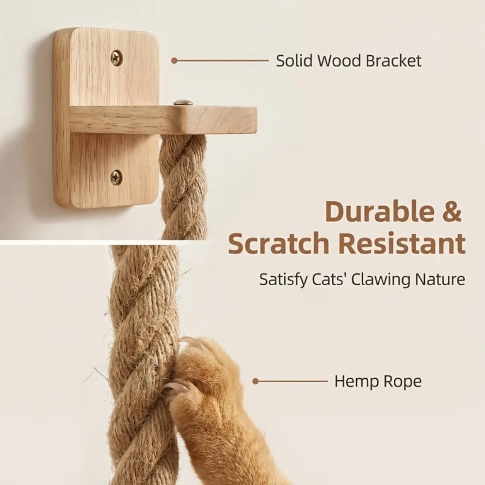 Wall Mounted Cat Scratching Post Natural Sisal Hemp Rope Vertical Cat Climbing Rope Space Saving Indoor Cat Toy Wooden Platform