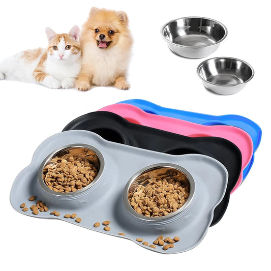 ステンレス製ペット給餌ボウル™｜シリコン製こぼれ防止 犬猫用ダブルボウル