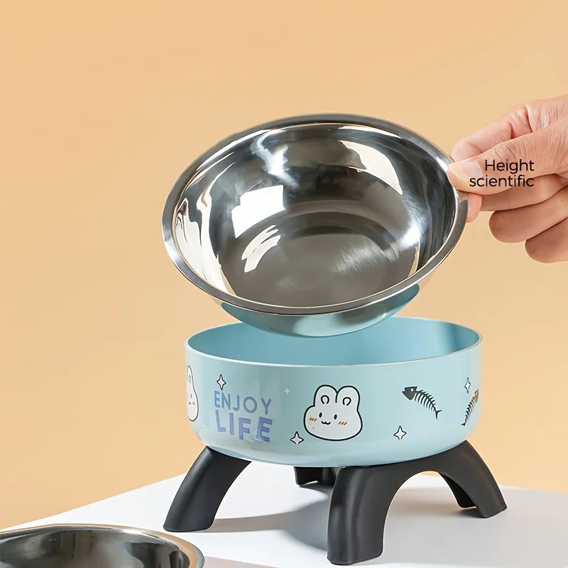 Anti-Tip Stainless Steel Pet Bowl with Cute Bunny Design | Elevated, Non-Slip, Perfect for Cats and Dogs, Durable Plastic Base