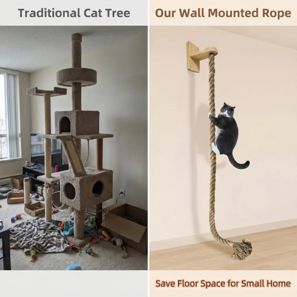 Wall Mounted Cat Scratching Post Natural Sisal Hemp Rope Vertical Cat Climbing Rope Space Saving Indoor Cat Toy Wooden Platform