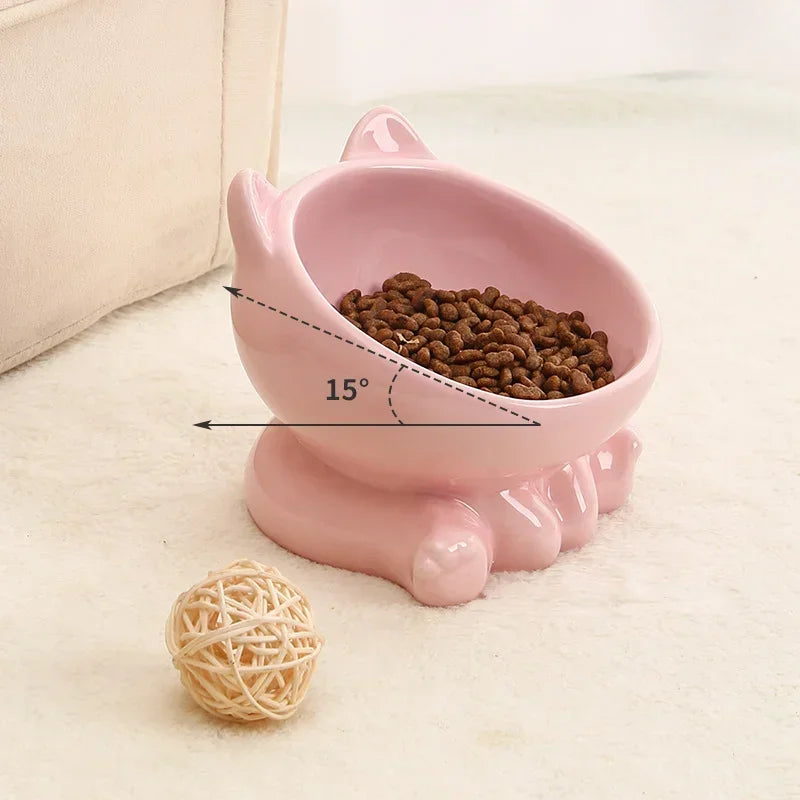 ねこ耳デザイン傾斜ペットボウル™｜首にやさしい高さ付き 陶器製 猫・小型犬用フードボウル