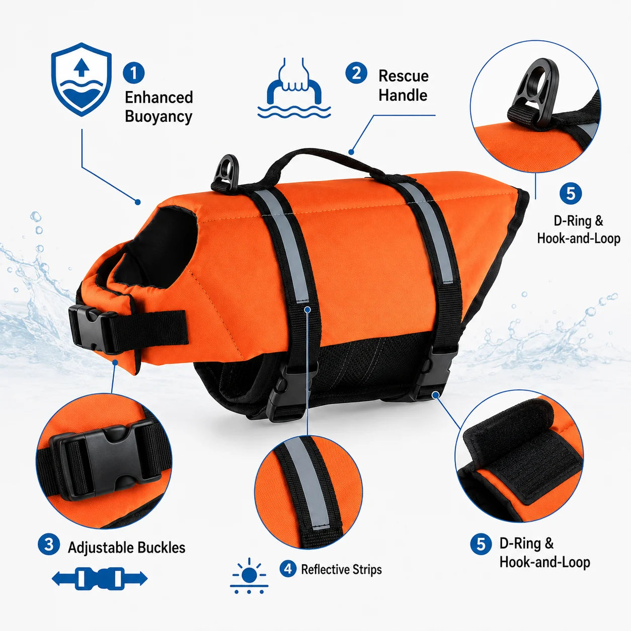 Dog Life Jacket Reflective Adjustable Pet Swimming Vest Enhanced Buoyancy Safety Swimwear with Rescue Handle for Dogs