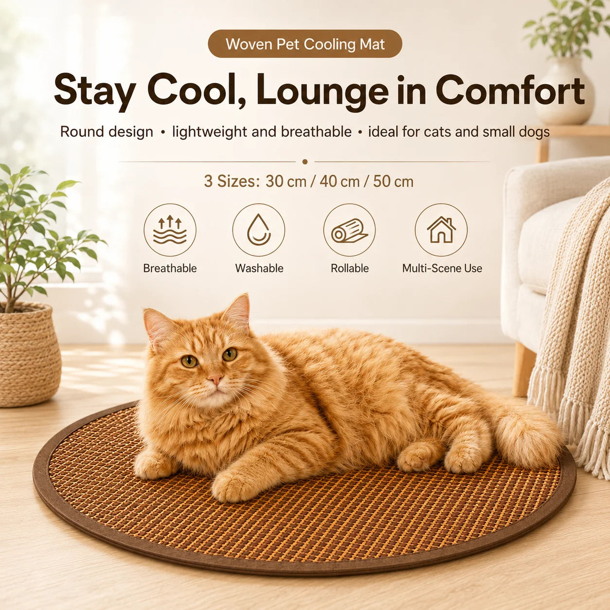 Pet Cooling Mat for Cats Round Woven Summer Sleeping Pad Breathable Washable Cat Bed Mat for Indoor Pets